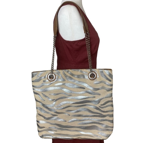Kate Landry Silver Zebra Print Woven Tote with Chain and Leather Straps - Picture 3 of 14